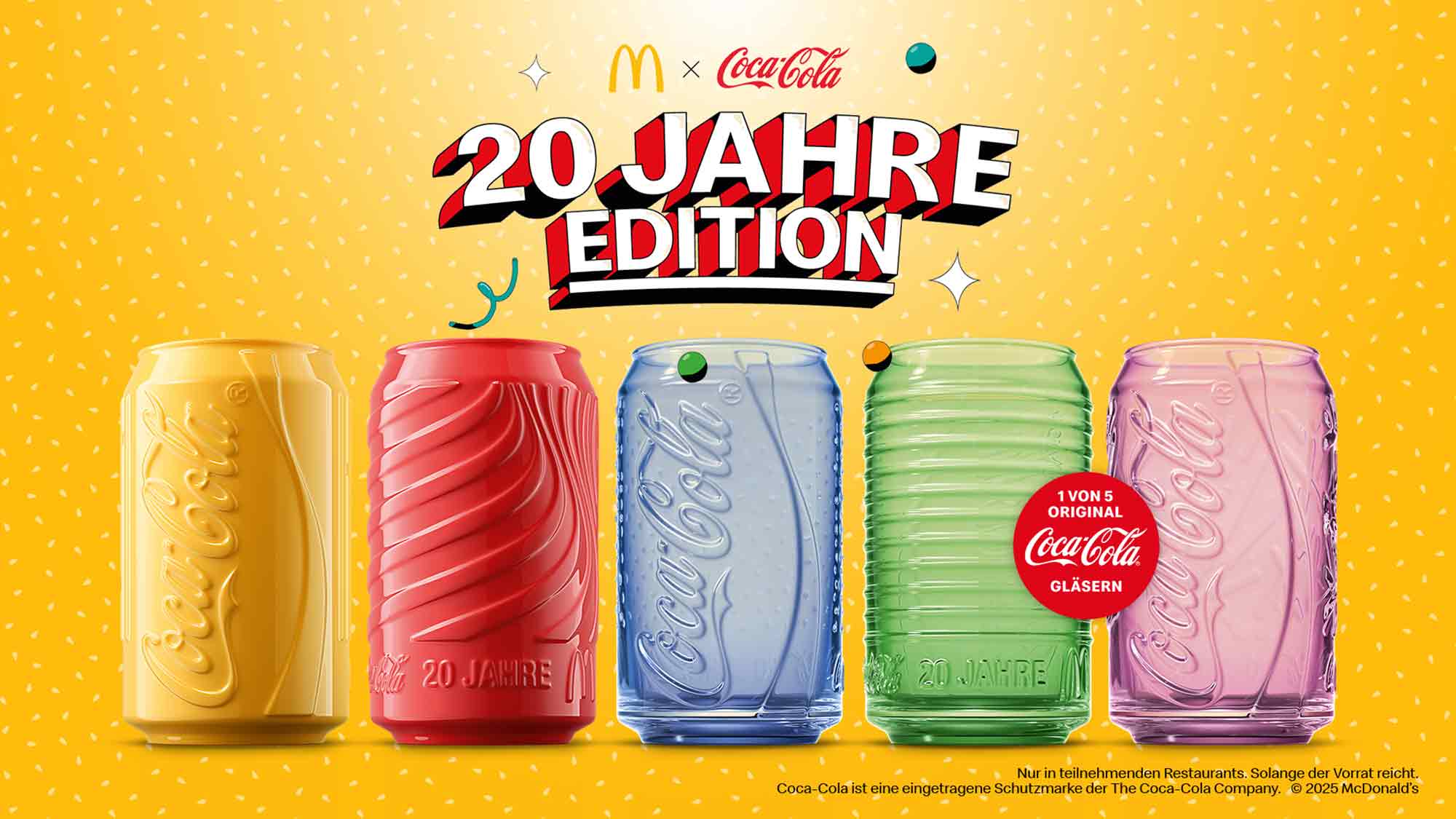 Mit der 20 Jahre Edition bringen McDonald’s Deutschland und Coca Cola ganz besondere Gläser in die Restaurants Mit der 20 Jahre Edition bringen McDonald’s Deutschland und Coca Cola ganz besondere Gläser in die Restaurants