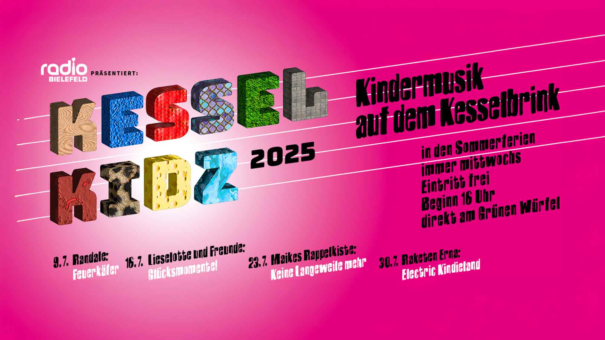 Kessel Kidz 2025 – Kindermusik auf dem Kesselbrink Bielefeld, immer mittwochs vom 9. bis zum 30. Juli 2025 Kessel Kidz 2025 – Kindermusik auf dem Kesselbrink Bielefeld, immer mittwochs vom 9. bis zum 30. Juli 2025