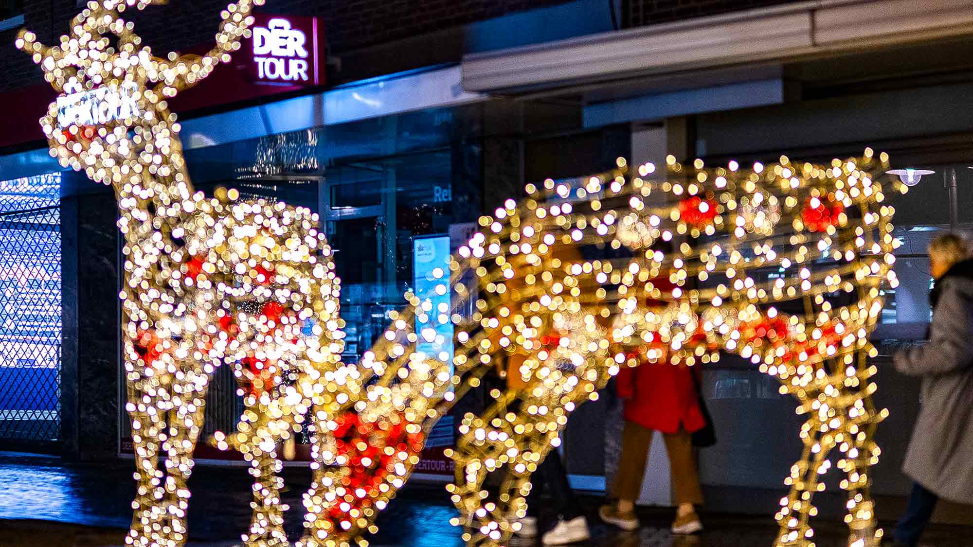 NOW Commons: Gütersloher Weihnachtsmarkt, die Rentiere Rudolph und Dancer, Fußgängerzone Mittlere Berliner Straße NOW Commons: Gütersloher Weihnachtsmarkt, die Rentiere Rudolph und Dancer, Fußgängerzone Mittlere Berliner Straße