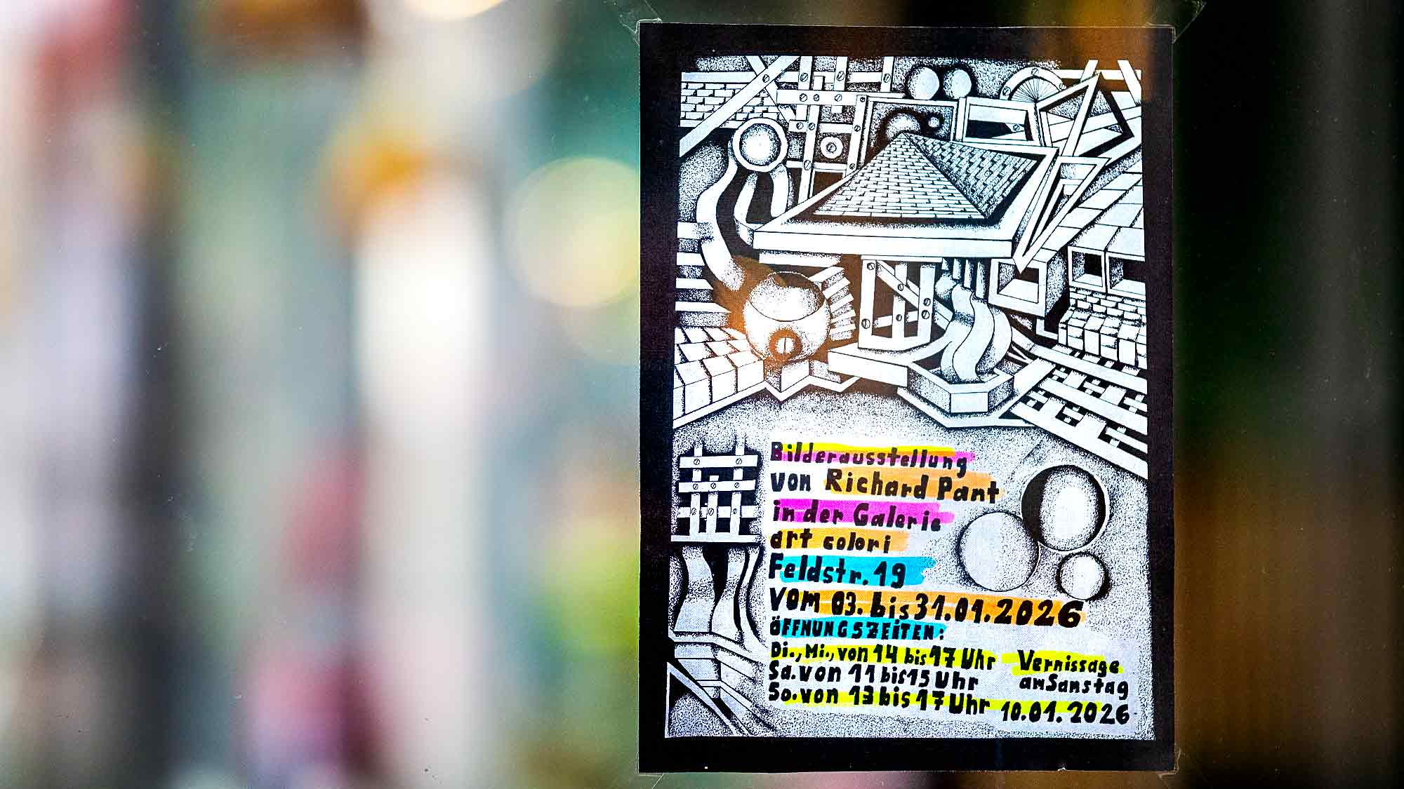 NOW Commons: Plakat »Bilderausstellung von Richard Pant«, Galerie »art colori«, Feldstraße Gütersloh, 3. bis 31. Januar 2026 NOW Commons: Plakat »Bilderausstellung von Richard Pant«, Galerie »art colori«, Feldstraße Gütersloh, 3. bis 31. Januar 2026