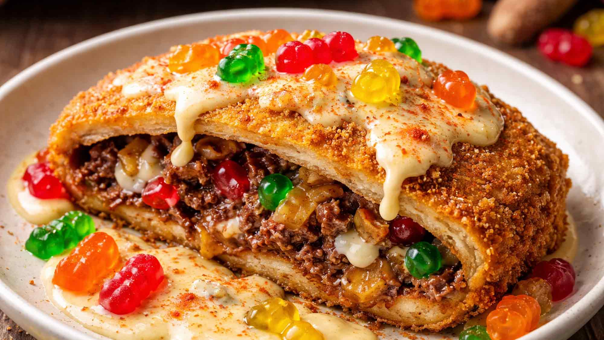 One Pot Burger vom panierten Döner mit Schokopizzafüllung, Gummibärchen Topping und Vanille Paprika Sauce One Pot Burger vom panierten Döner mit Schokopizzafüllung, Gummibärchen Topping und Vanille Paprika Sauce