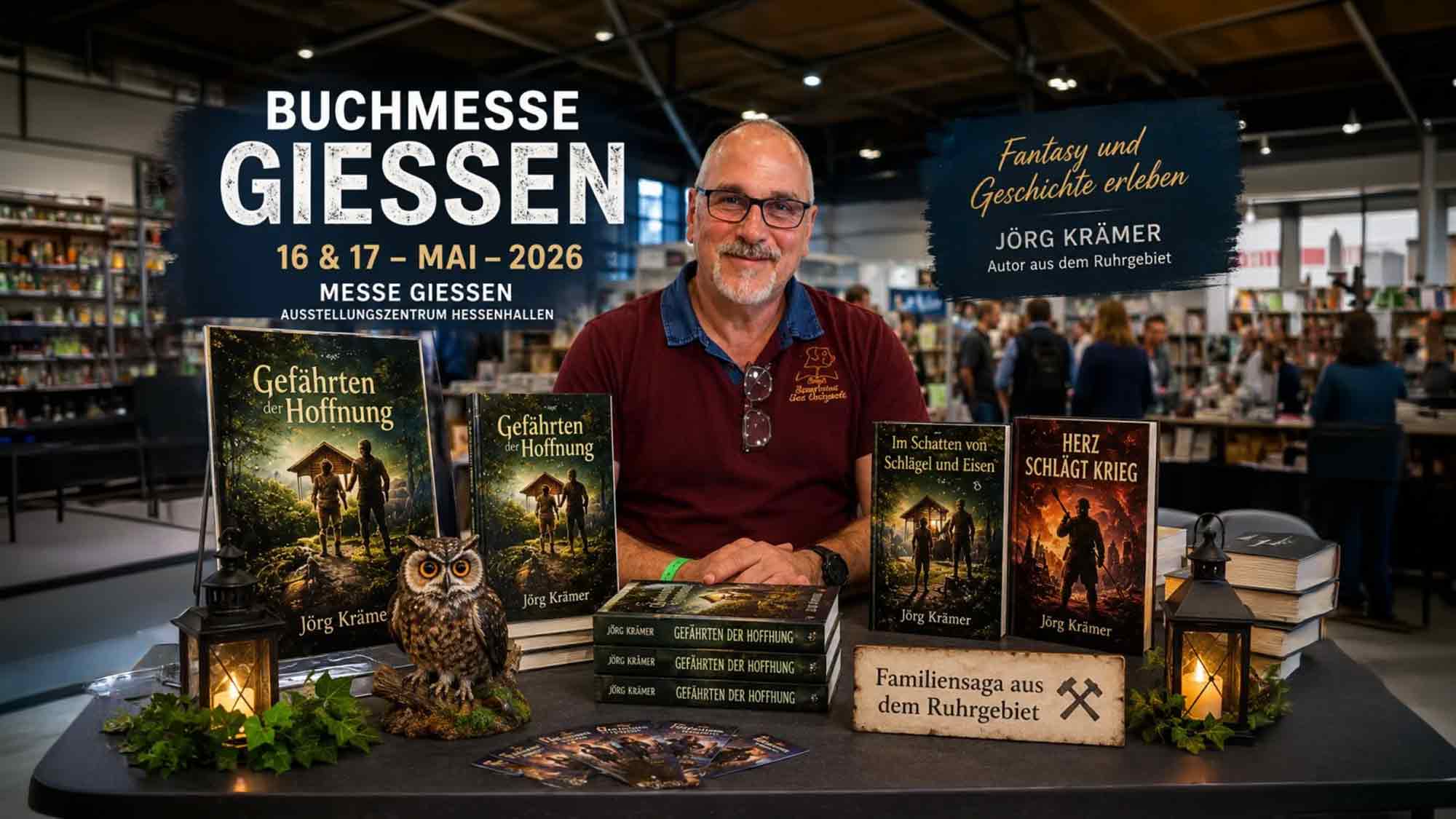 Jörg Krämer präsentiert Fantasy und Ruhrgebiets Saga auf der Buchmesse Gießen 2026, 16. und 17. Mai 2026 Jörg Krämer präsentiert Fantasy und Ruhrgebiets Saga auf der Buchmesse Gießen 2026, 16. und 17. Mai 2026