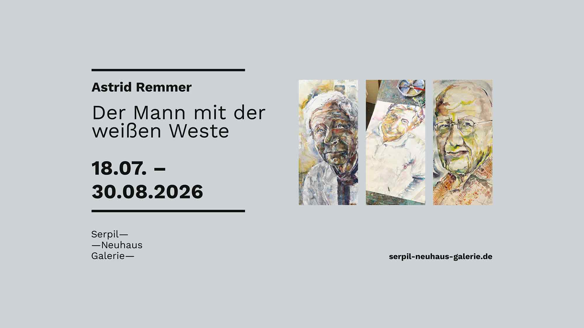 Astrid Remmer – »Der Mann mit der weißen Weste«, Serpil Neuhaus Galerie Gütersloh, 18. Juli bis 30. August 2026 Astrid Remmer – »Der Mann mit der weißen Weste«, Serpil Neuhaus Galerie Gütersloh, 18. Juli bis 30. August 2026