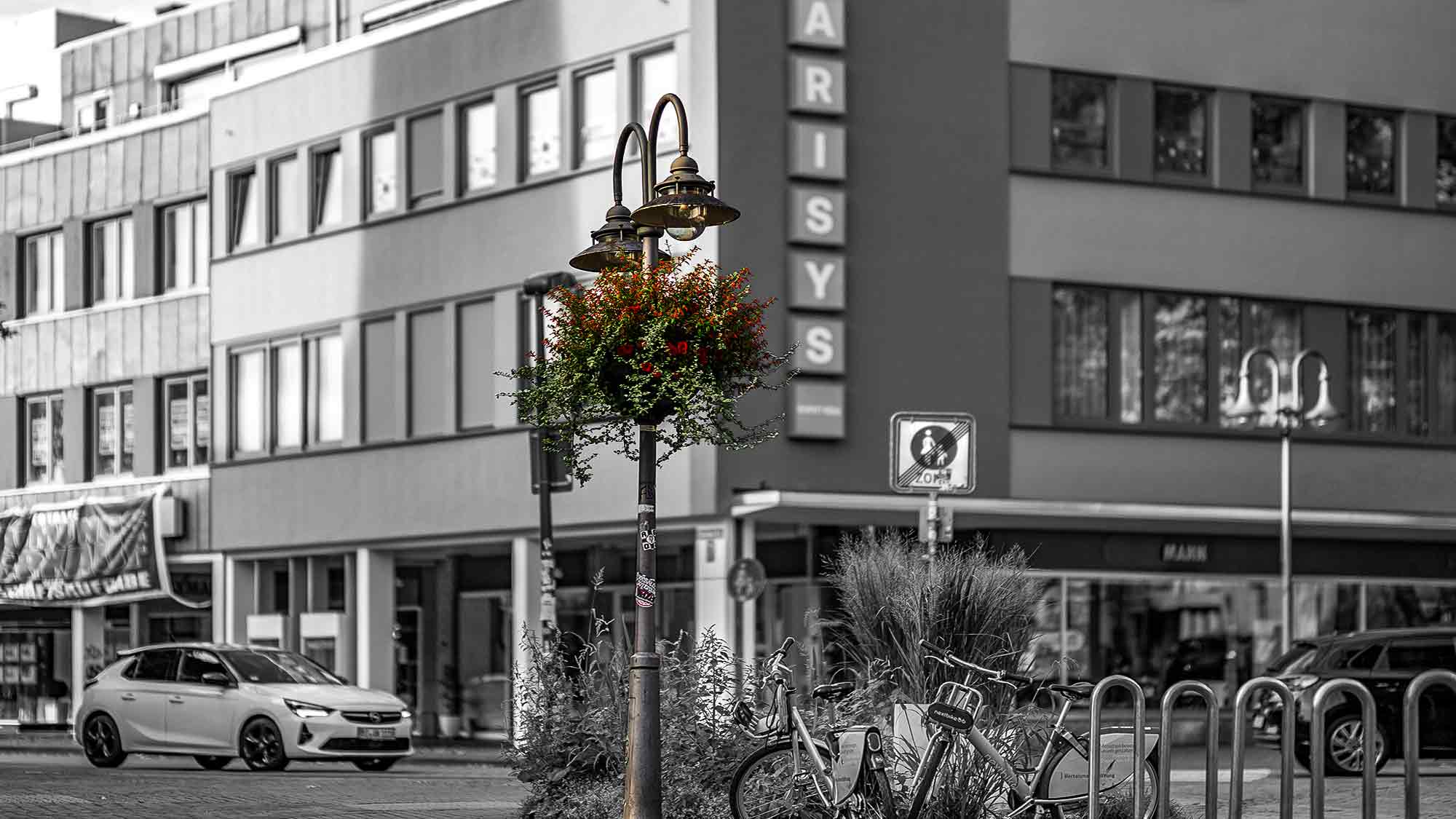 NOW Commons: Blumenampel, Fußgängerzone Berliner Straße Gütersloh, Blick stadtauswärts NOW Commons: Blumenampel, Fußgängerzone Berliner Straße Gütersloh, Blick stadtauswärts