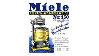 NOW Commons: Historische Anzeige »Miele Elektro Waschmaschine Nr. 150 mit schwenkbarem Wringer«