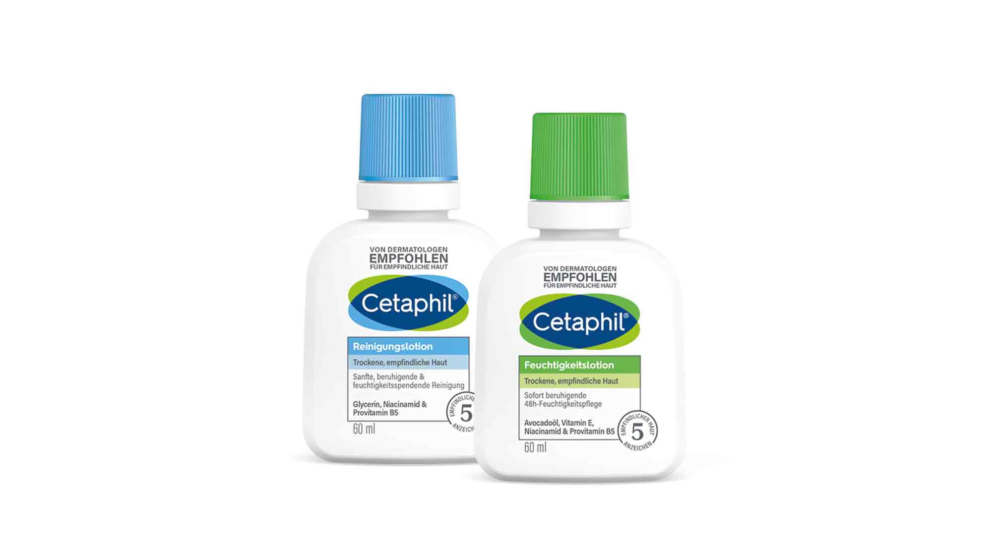 Neu: Die Cetaphil Reinigungslotion und Feuchtigkeitslotion gibt es jetzt in praktischen 60 Milliliter Größen Neu: Die Cetaphil Reinigungslotion und Feuchtigkeitslotion gibt es jetzt in praktischen 60 Milliliter Größen